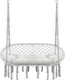 Hammock Chair Macrame Hanging Swing with Cushion,Hanging Cotton Ropes, Metal Frame, 450 lbs Capacity Indoor Outdoor, Patio, Balcony, Living,Deck, Yard, Garden(Double Swing) Beige