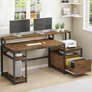 White Computer Desk with 5 Drawer & Power Outlet, 66'' Home Office Desk with File Drawer, Storage Shelves, Printer Cabinet and Monitor Shelf, Gaming Desk with Led Lights