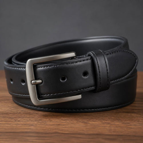 Black Leather Belt with Brushed Silver Rectangular Buckle