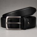 Black Leather Belt with Square Silver-Tone Buckle