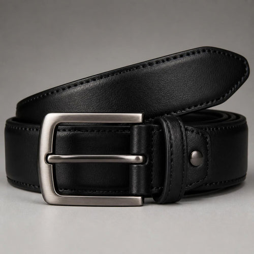 Black Leather Belt with Square Silver-Tone Buckle