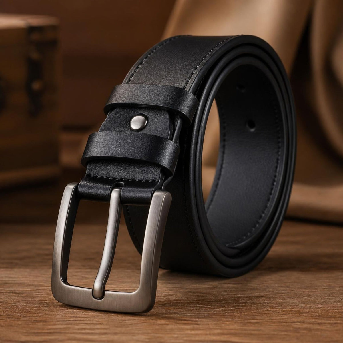 Black Leather Belt with Wide Silver Buckle