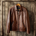 Classic Brown Leather Jacket with Zip Front and Side Pockets