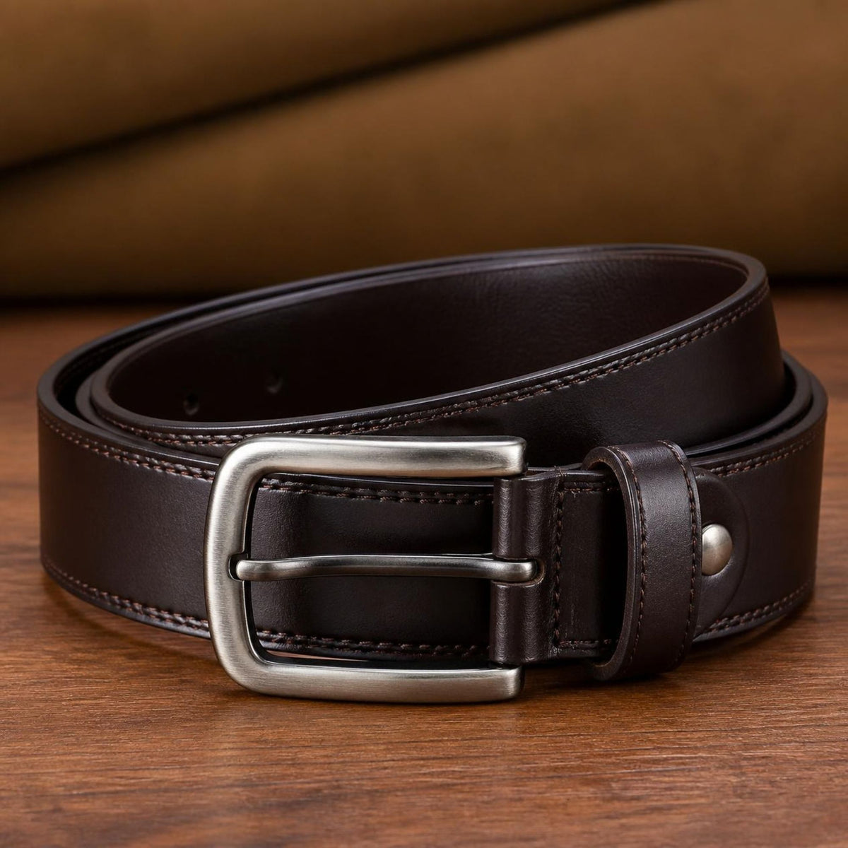 Dark Brown Leather Belt with Silver-Tone Frame Buckle