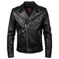 Men's Black Leather Moto Jacket with Zip Pockets and Waist Belt