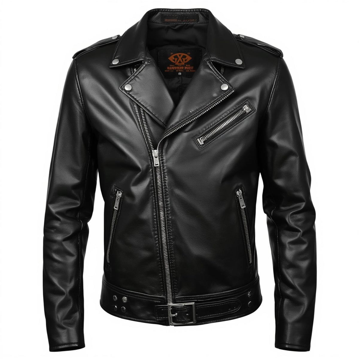 Men's Black Leather Moto Jacket with Zip Pockets and Waist Belt