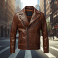 Men's Brown Leather Jacket with Notched Collar and Zip Pockets