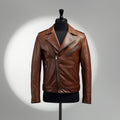 Men's Brown Leather Moto Jacket with Asymmetrical Zip Closure