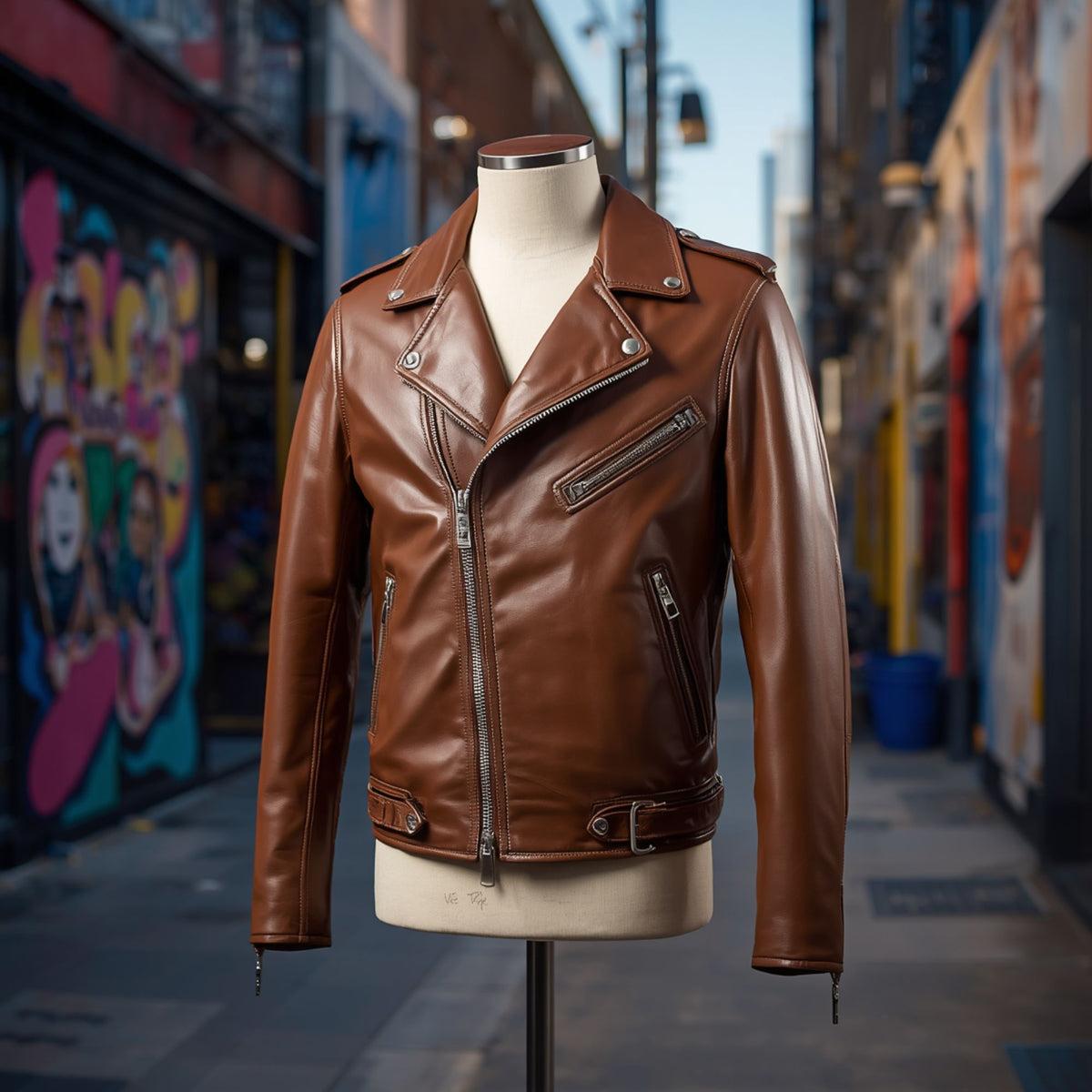 Men's Brown Leather Moto Jacket with Notched Collar and Zip Pockets