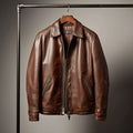 Men's Dark Brown Leather Jacket with Zip Front and Angled Pockets