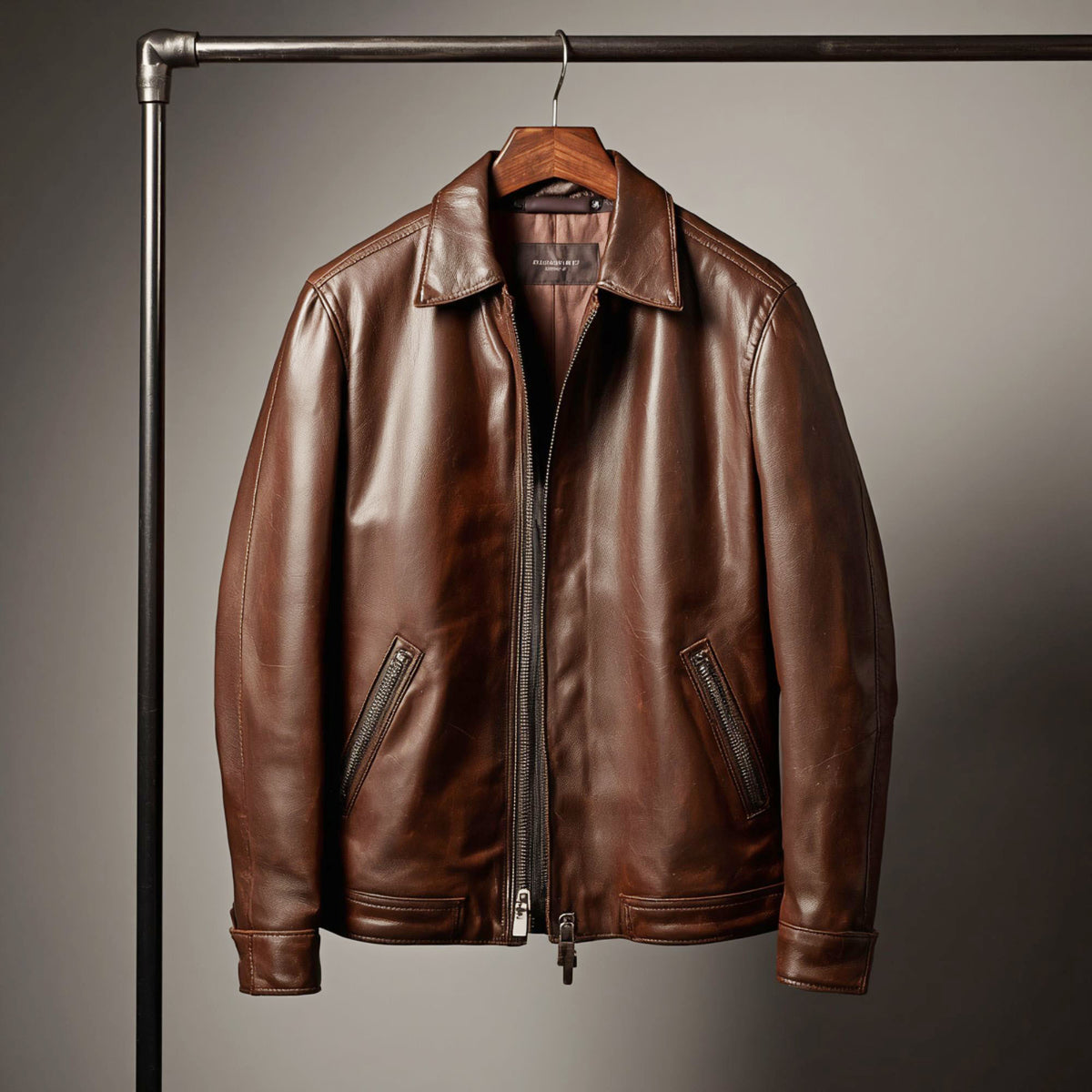 Men's Dark Brown Leather Jacket with Zip Front and Angled Pockets