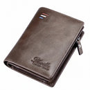 Men’s Genuine Cowhide Leather Short Wallet with Zipper Pocket – Bifold Wallet