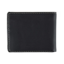 Black leather wallet with white stitching on a white background