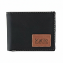 Black wallet with brown leather patch featuring 'Wrangler' branding