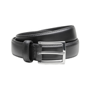 Black leather belt with a silver buckle on a white background