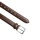 Brown leather belt with a silver buckle on a white background