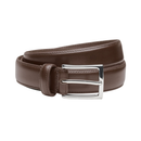 Brown leather belt with a silver buckle on a white background