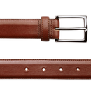 Brown leather belt with a silver buckle on a white background