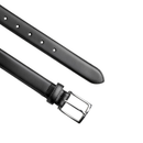 Black leather belt with silver buckle on a white background