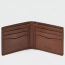Brown leather wallet with visible brand logo on a light gray background