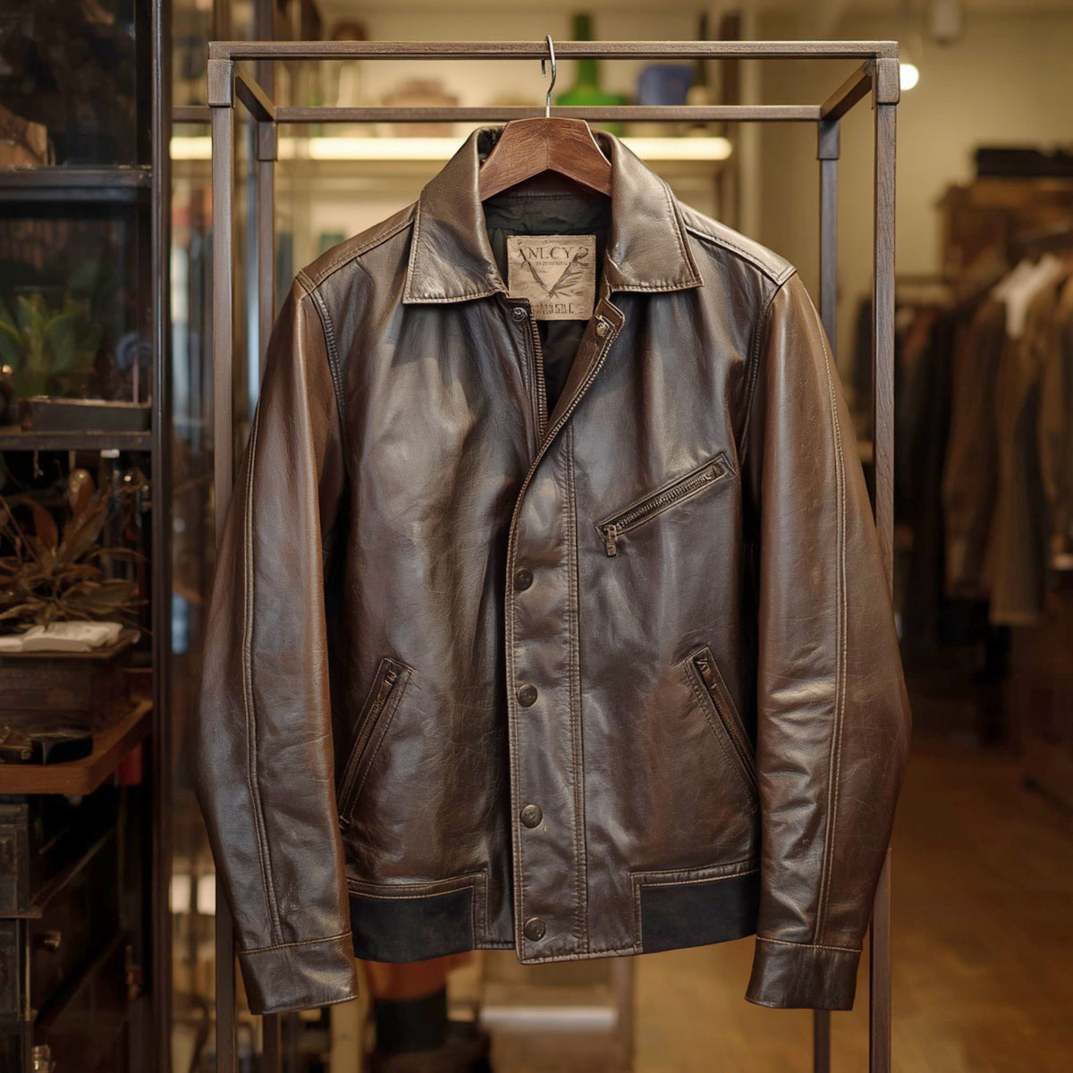 Vintage Brown Leather Jacket with Classic Collar