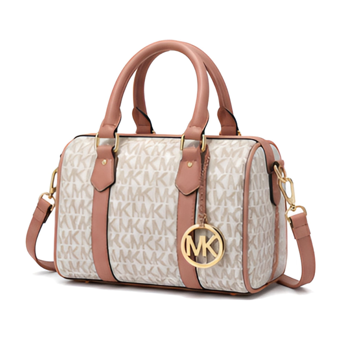 Women's Beige Patterned Satchel Bag with Brown Trim