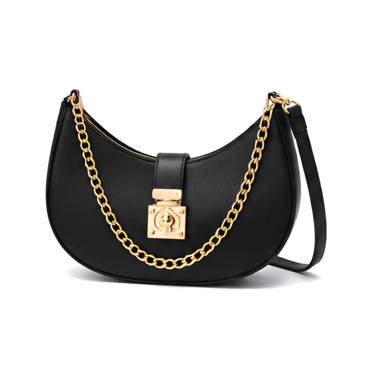 Women's Black Crescent Shoulder Bag with Gold-Tone Chain