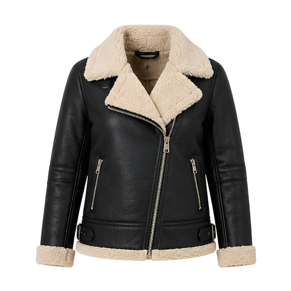 Women's Black Jacket with Cream Faux-Shearling Collar and Cuffs