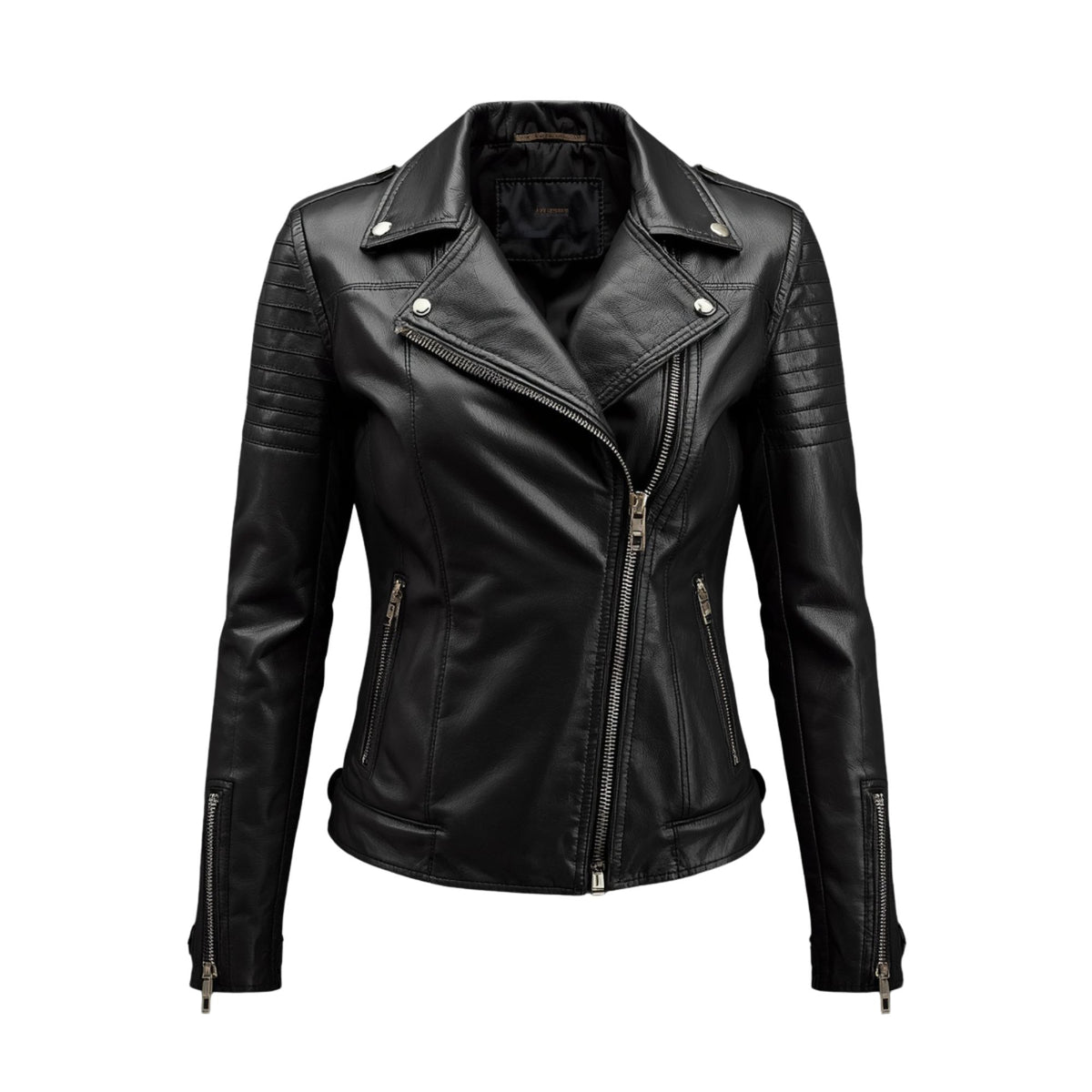 Women's Black Leather Moto Jacket with Asymmetrical Zipper