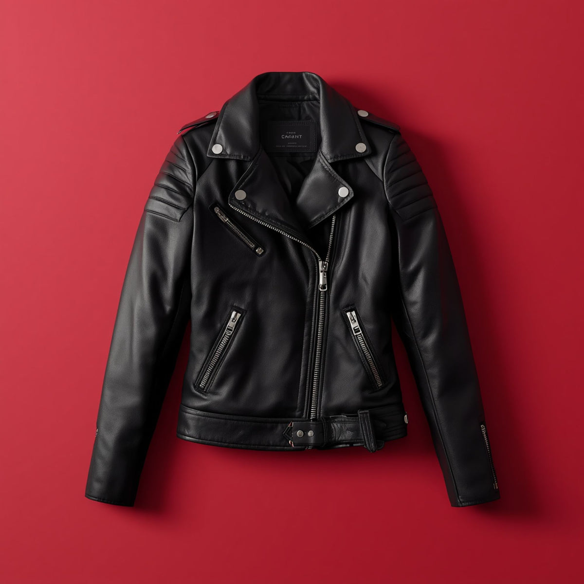Women's Black Moto Jacket with Notched Lapel and Zip Closure