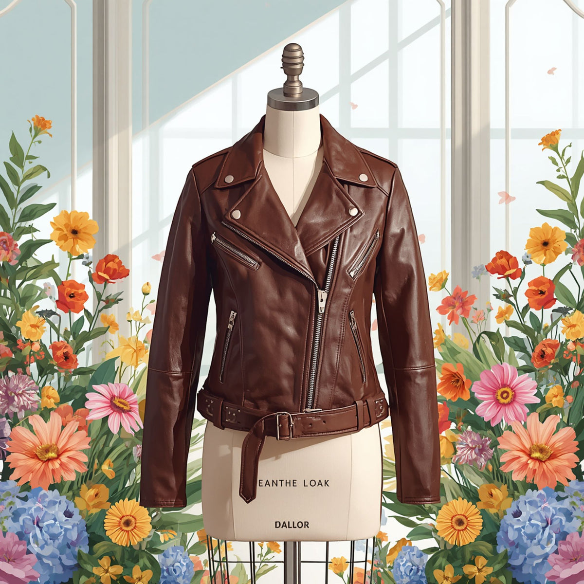 Women's Brown Leather Moto Jacket with Belted Waist