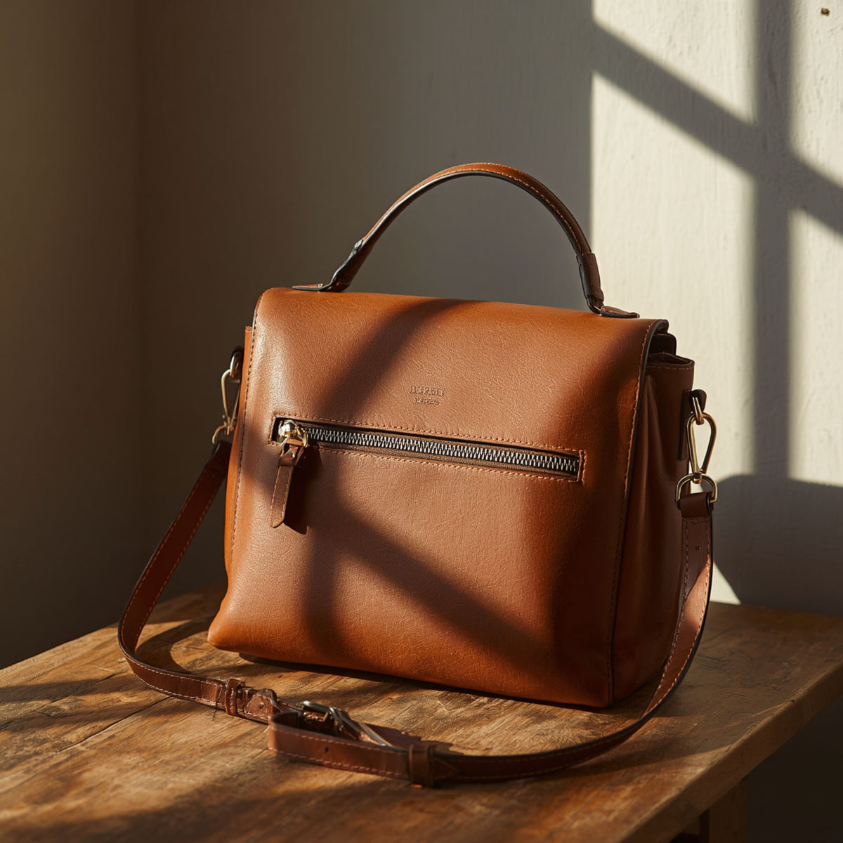 Women's Cognac Brown Handbag with Front Zipper Pocket
