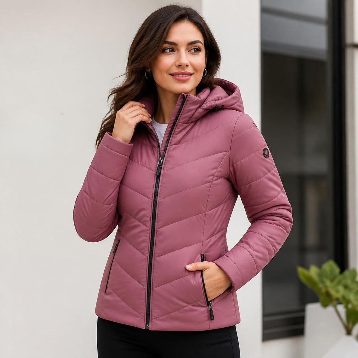 Women's Dusty Rose Quilted Puffer Jacket with Hood