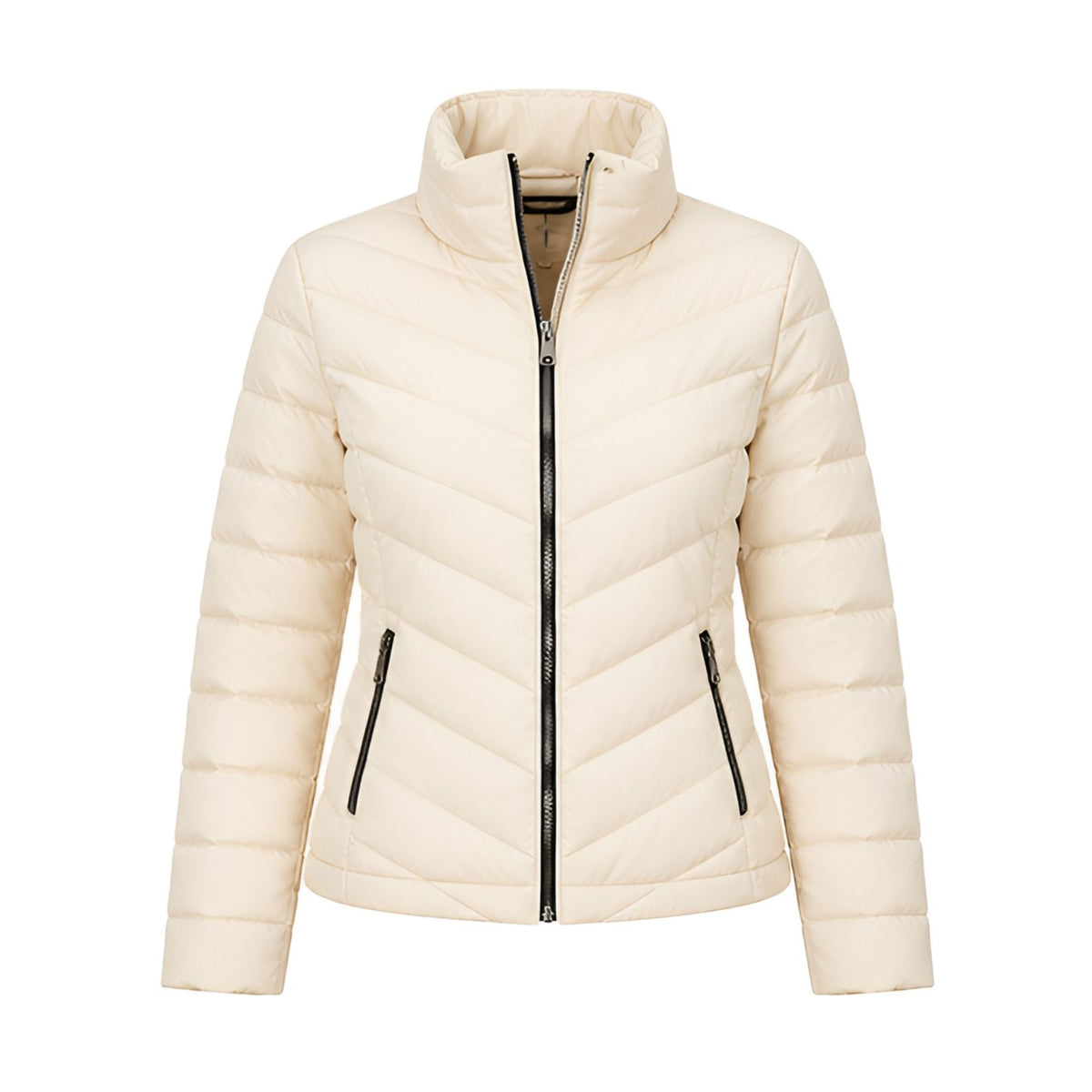 Women's Ivory Quilted Puffer Jacket with Zip Pockets